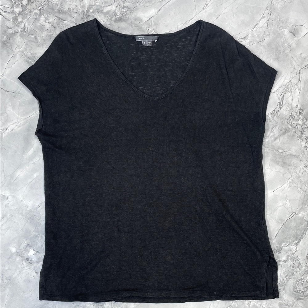 Vince Black Short Sleeve Linen V-Neck Tee